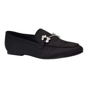Nine West Women's Bennit Satin Slip On Round Toe Flat Loafers Black Size 7